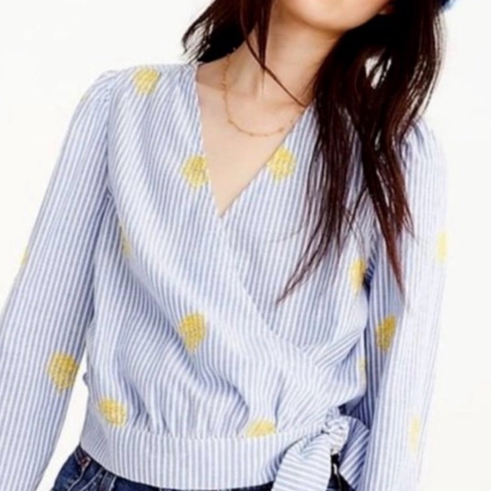 J Crew Womens Blue & White Striped WrapEmbroidered Pineapple Top Bluse Sz L(k11) - Picture 2 of 15